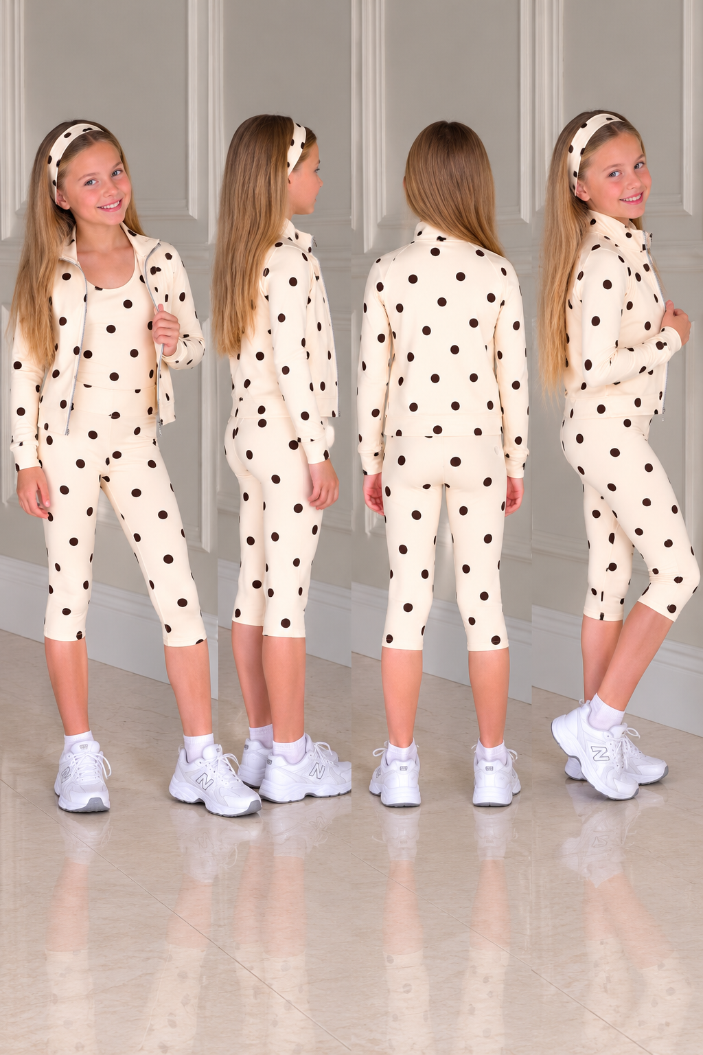 Polka Dot 4 Piece Active Fit Jacket, Sculpt Vest Top, Capri Leggings & Headband