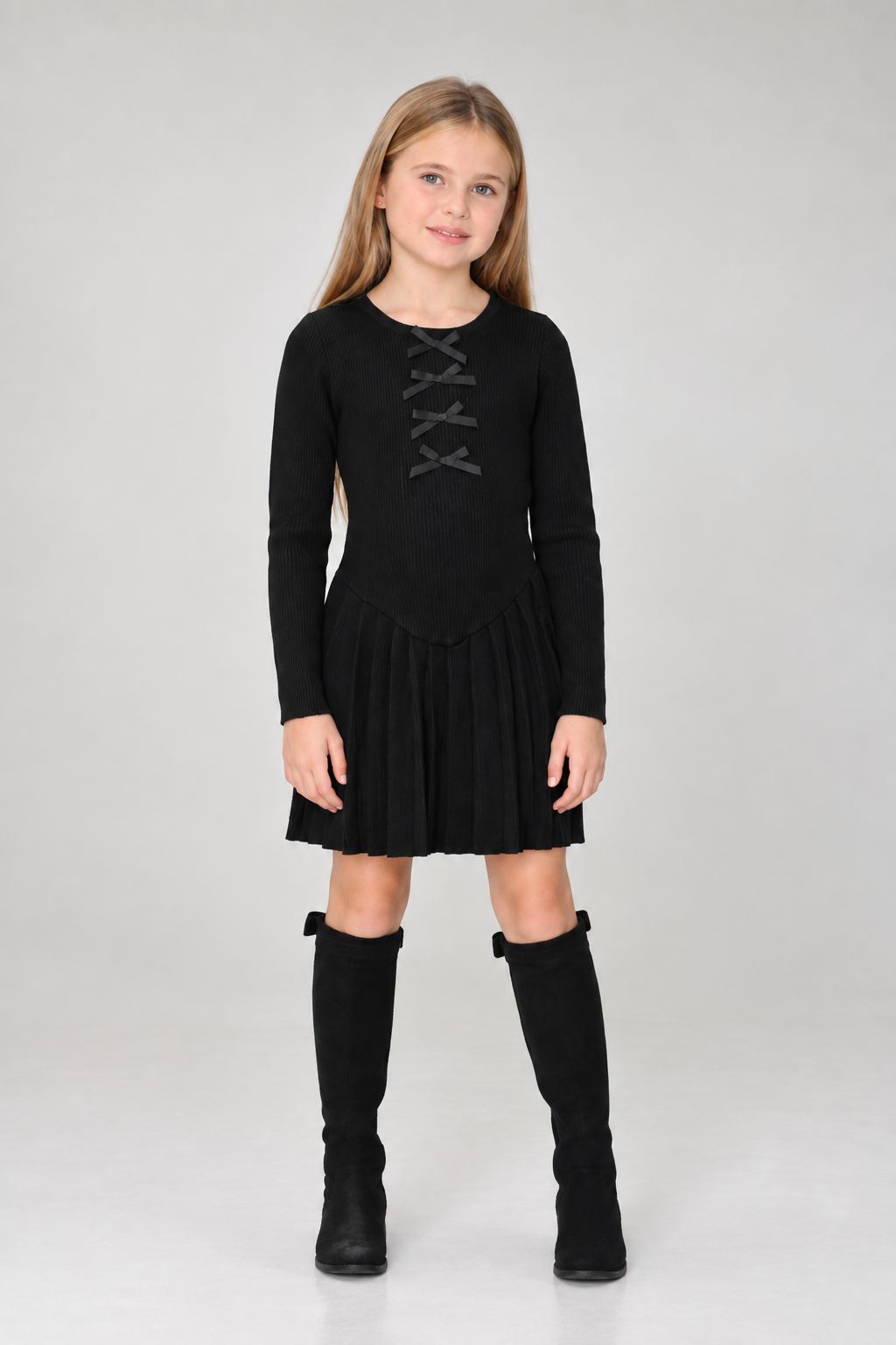 Ballerina Knitted Ribbed Pleated Dress With Bows