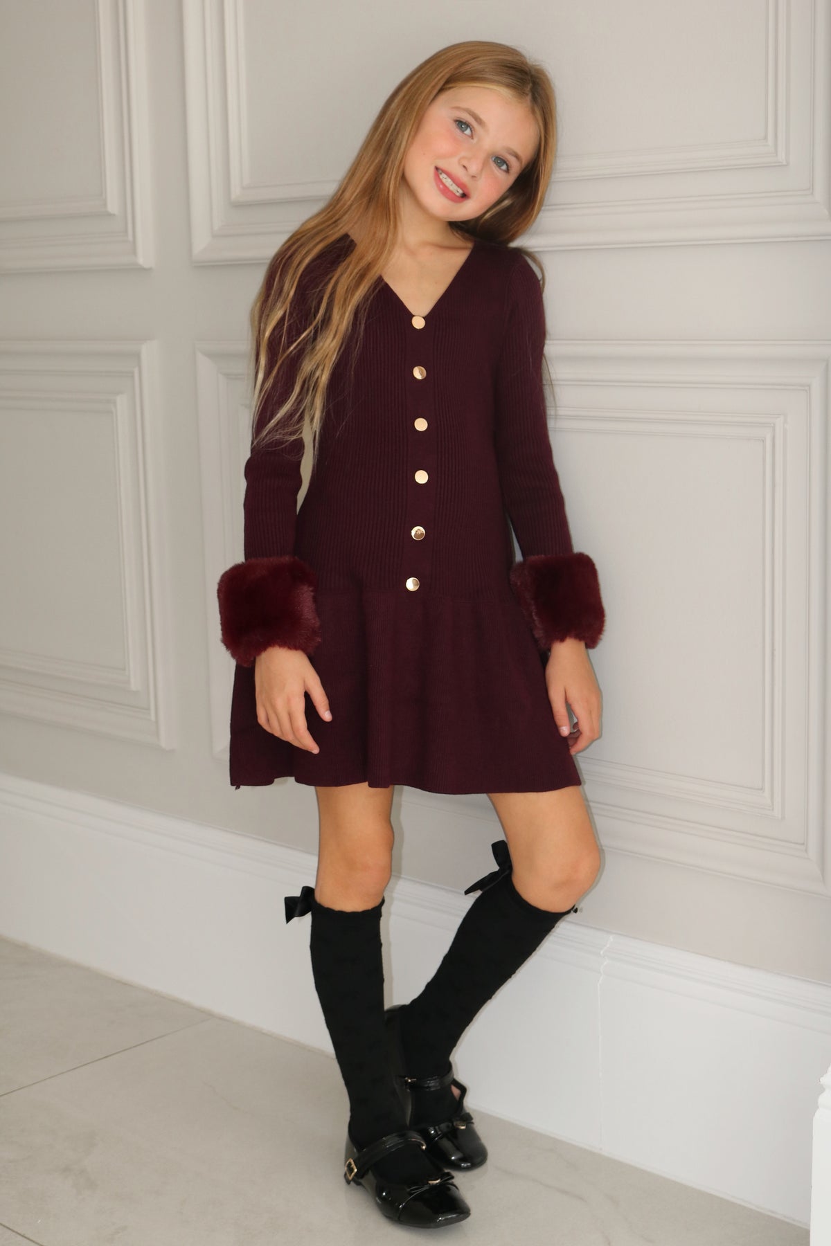 Knit A-Line Faux Fur Cuffed Dress