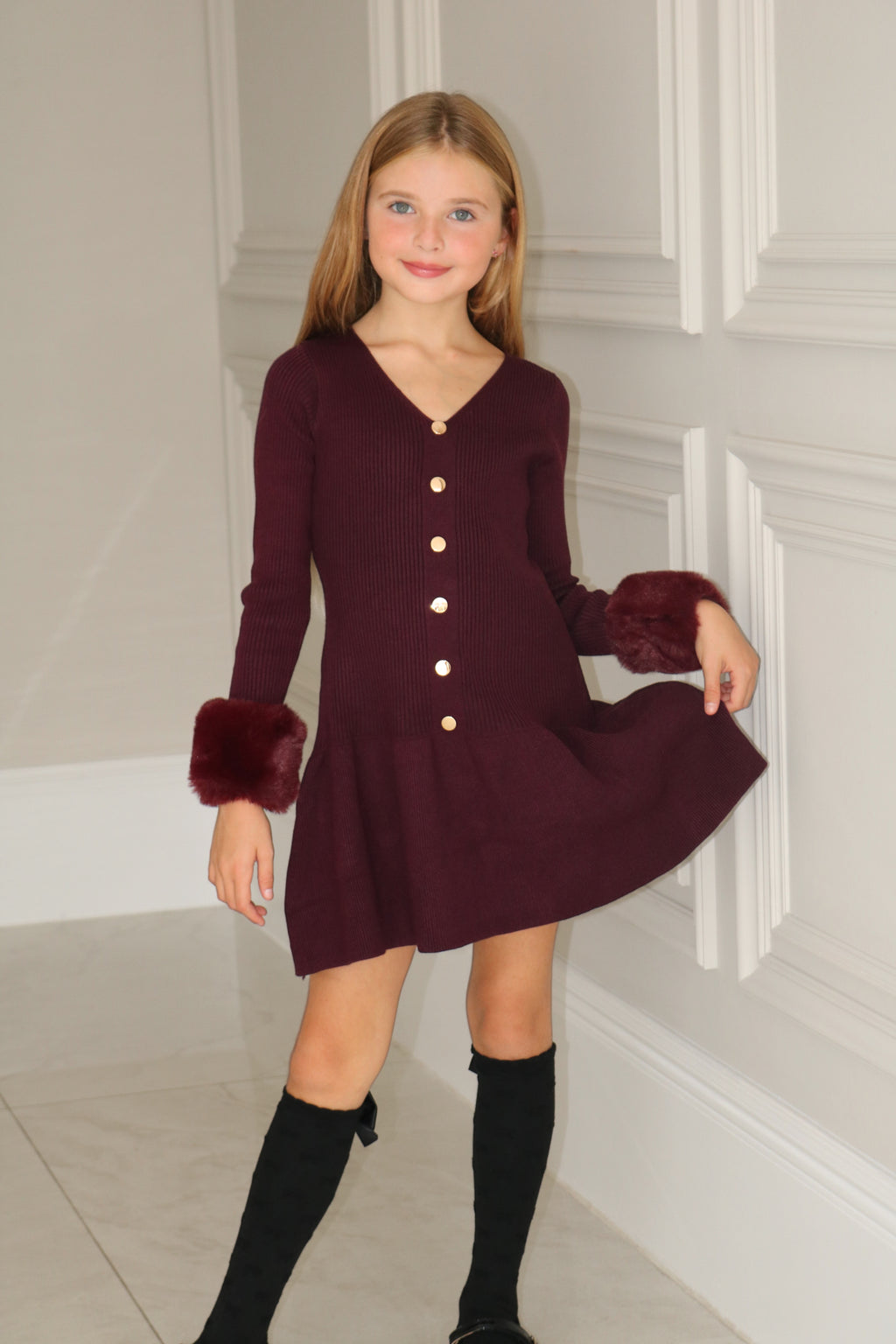 Knit A-Line Faux Fur Cuffed Dress
