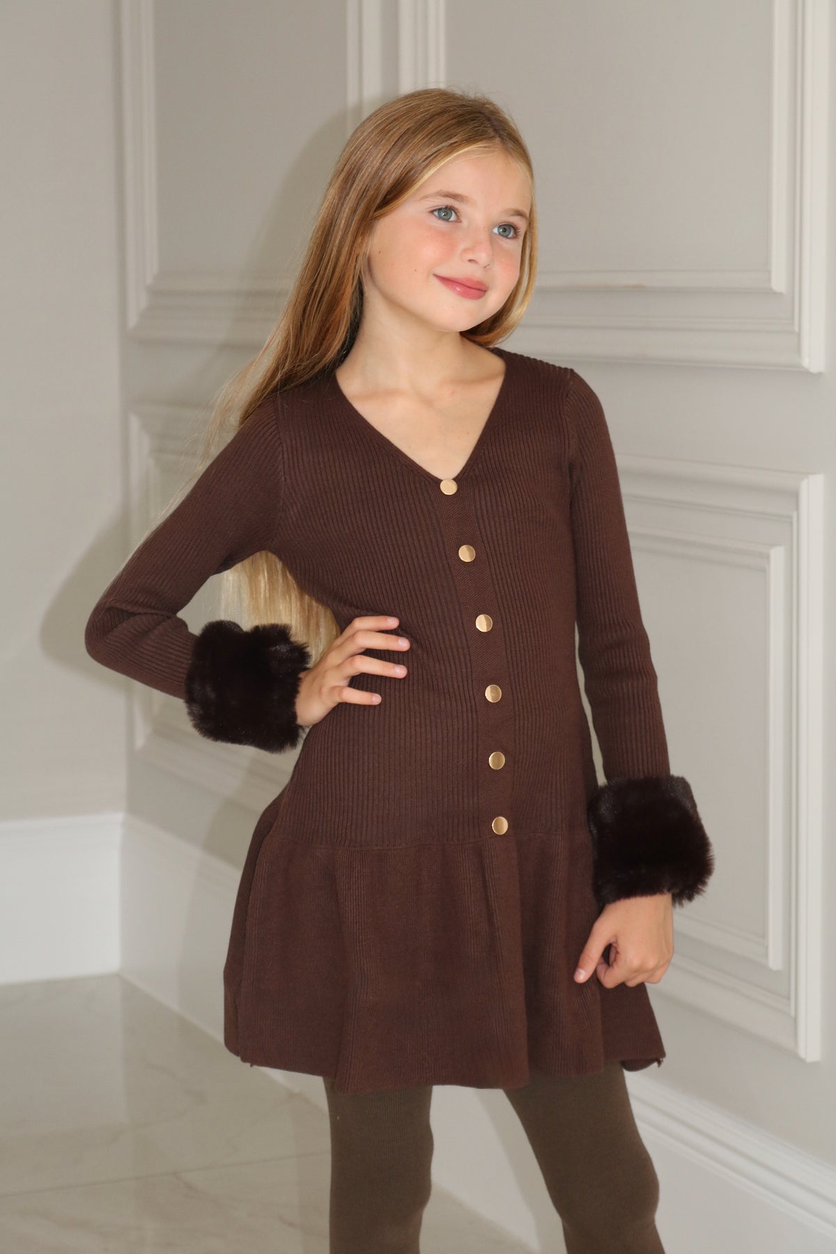Knit A-Line Faux Fur Cuffed Dress