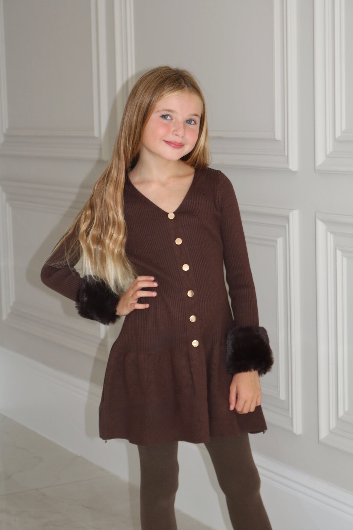 Knit A-Line Faux Fur Cuffed Dress
