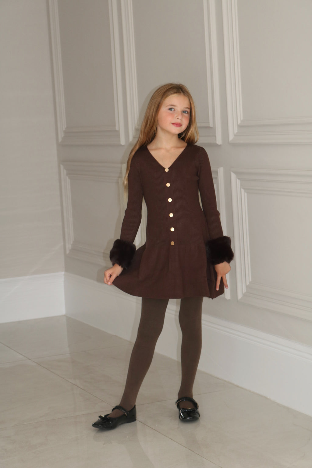 Knit A-Line Faux Fur Cuffed Dress