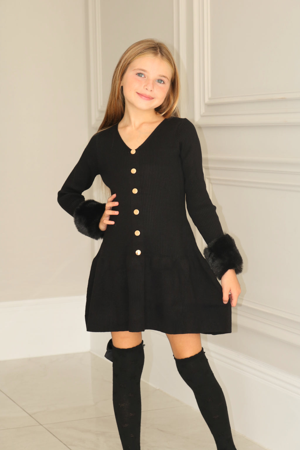 Knit A-Line Faux Fur Cuffed Dress