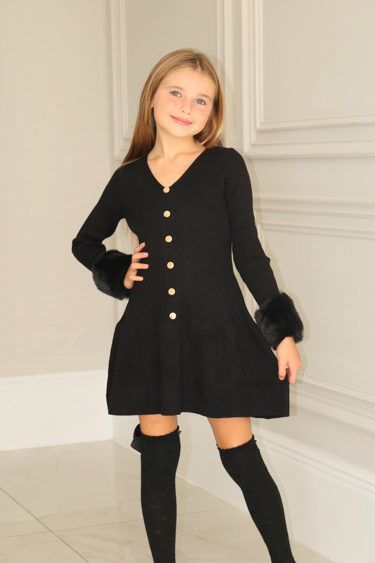 Knit A-Line Faux Fur Cuffed Dress