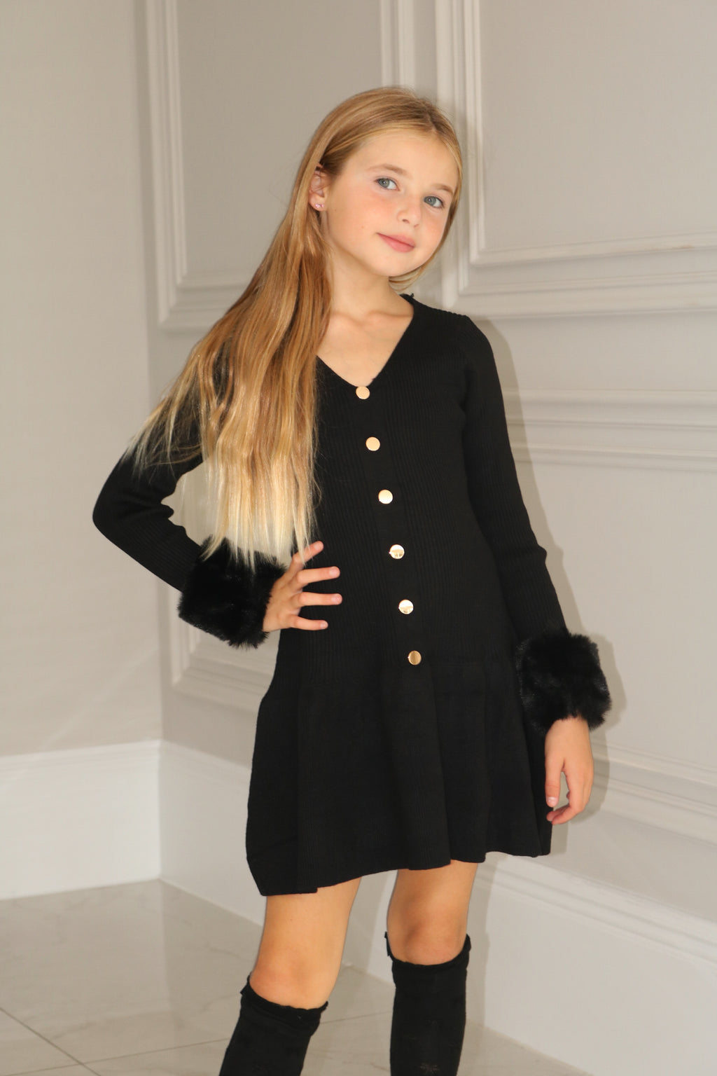 Knit A-Line Faux Fur Cuffed Dress
