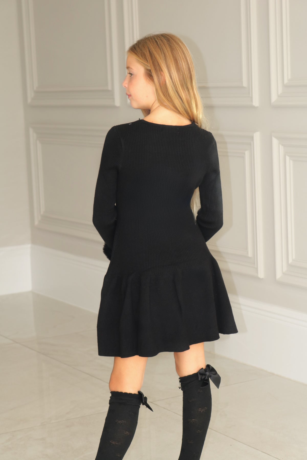 Knit A-Line Faux Fur Cuffed Dress
