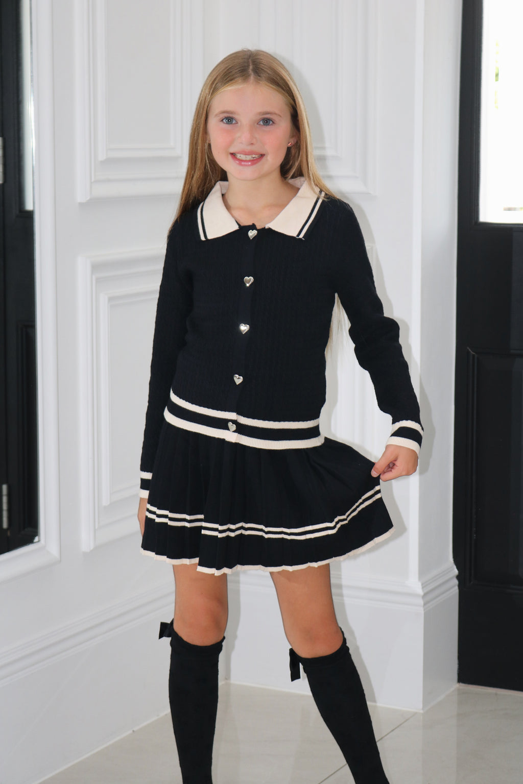 Knitted Co-Ord Hearted Cardigan And Pleated Skirt Set