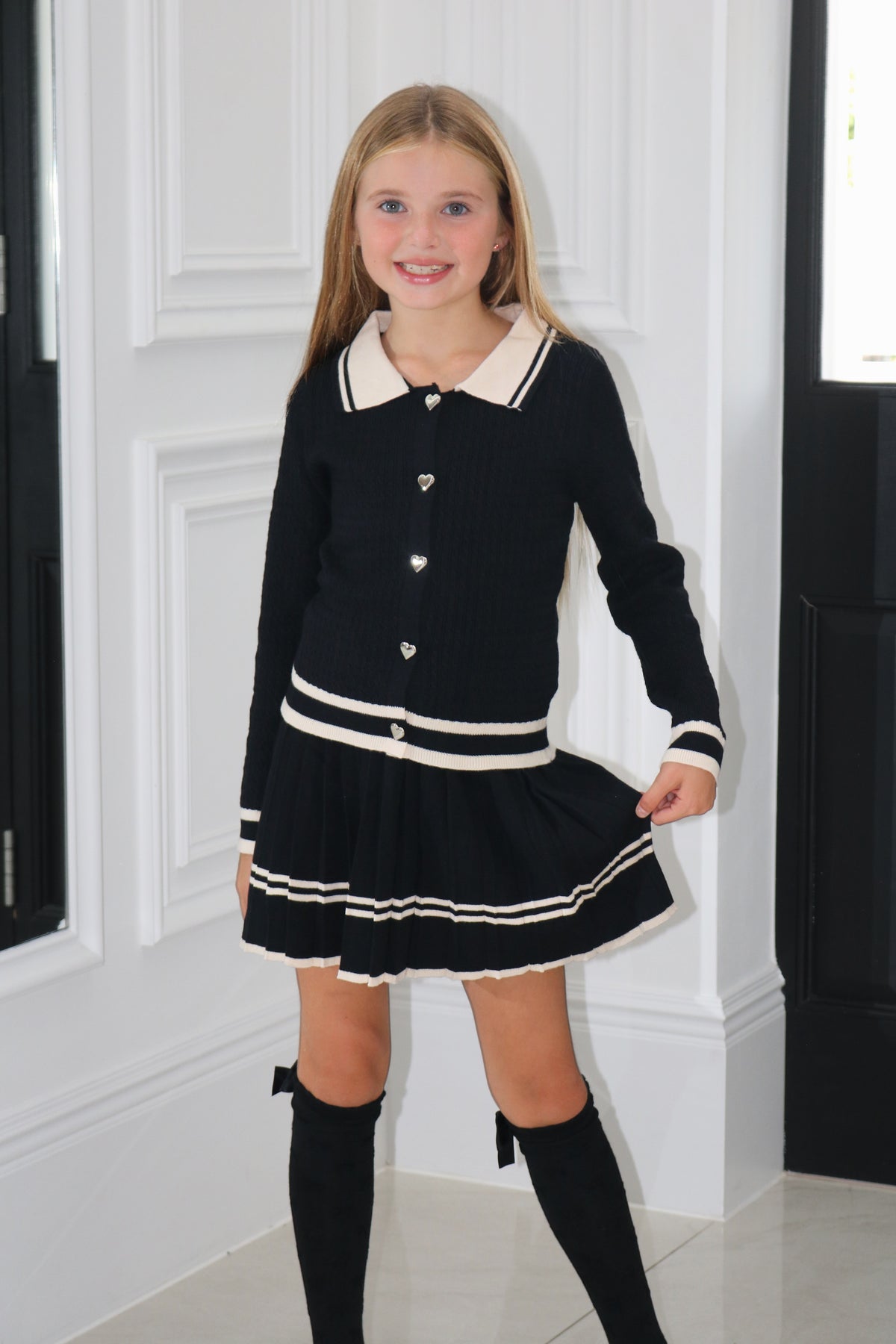 Knitted Co-Ord Hearted Cardigan And Pleated Skirt Set