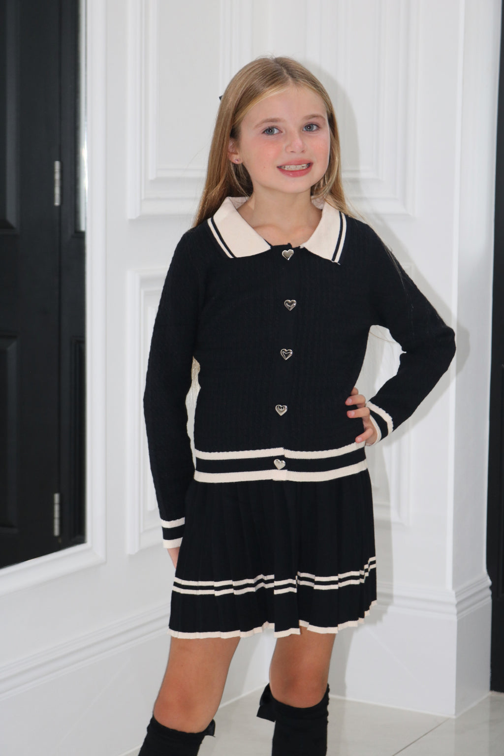 Knitted Co-Ord Hearted Cardigan And Pleated Skirt Set