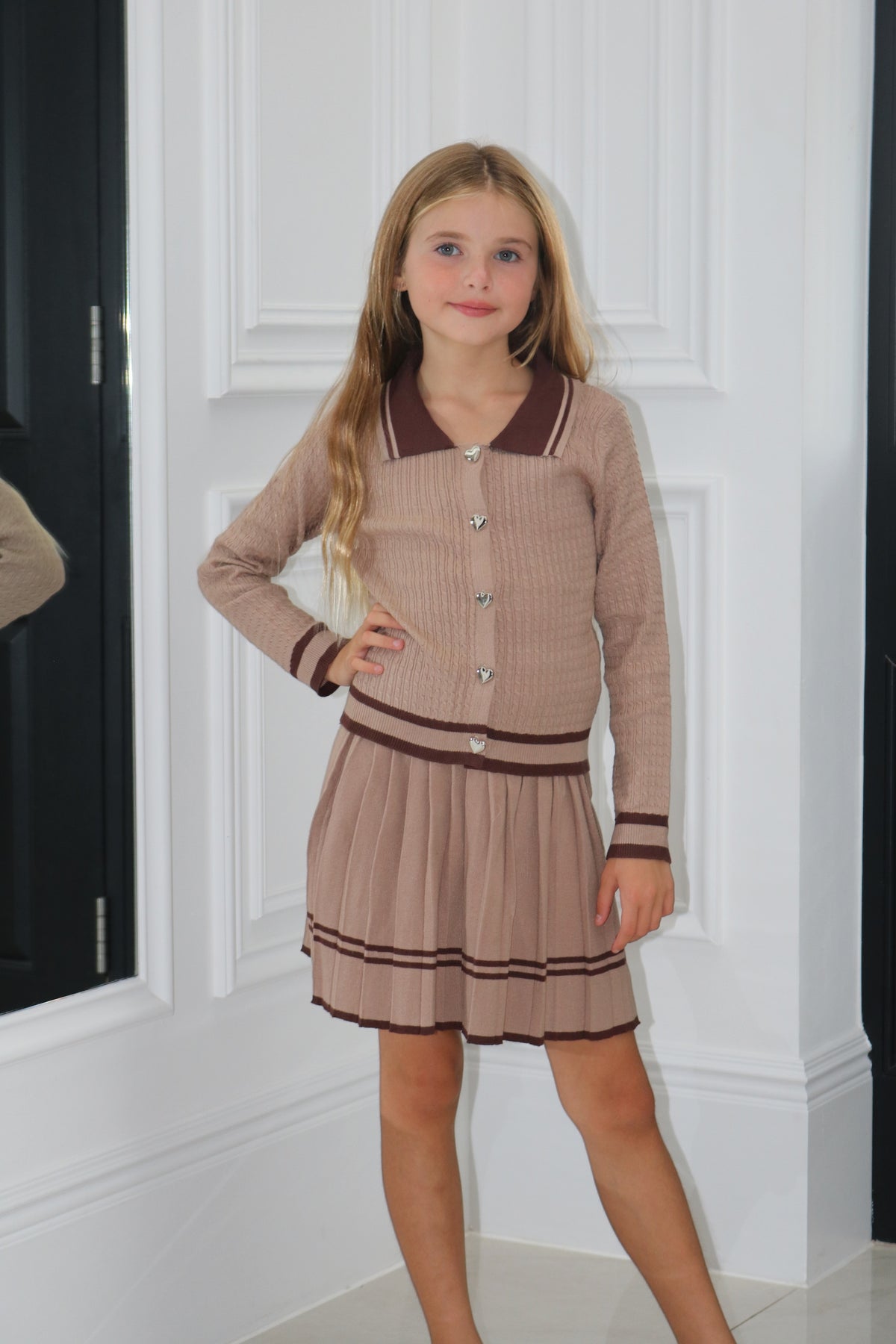 Knitted Co-Ord Hearted Cardigan And Pleated Skirt Set