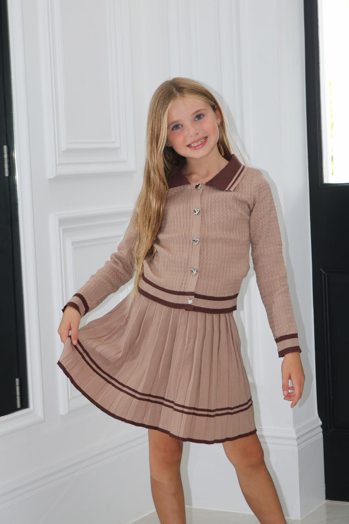 Knitted Co-Ord Hearted Cardigan And Pleated Skirt Set