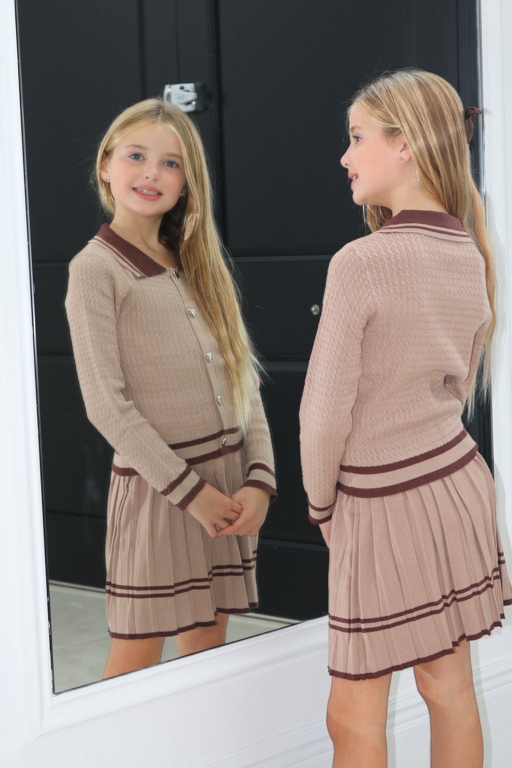 Knitted Co-Ord Hearted Cardigan And Pleated Skirt Set
