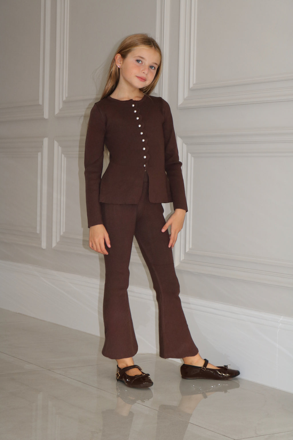 Knitted A-Line Pearl Cardigan And Knit Flares Lounge Set