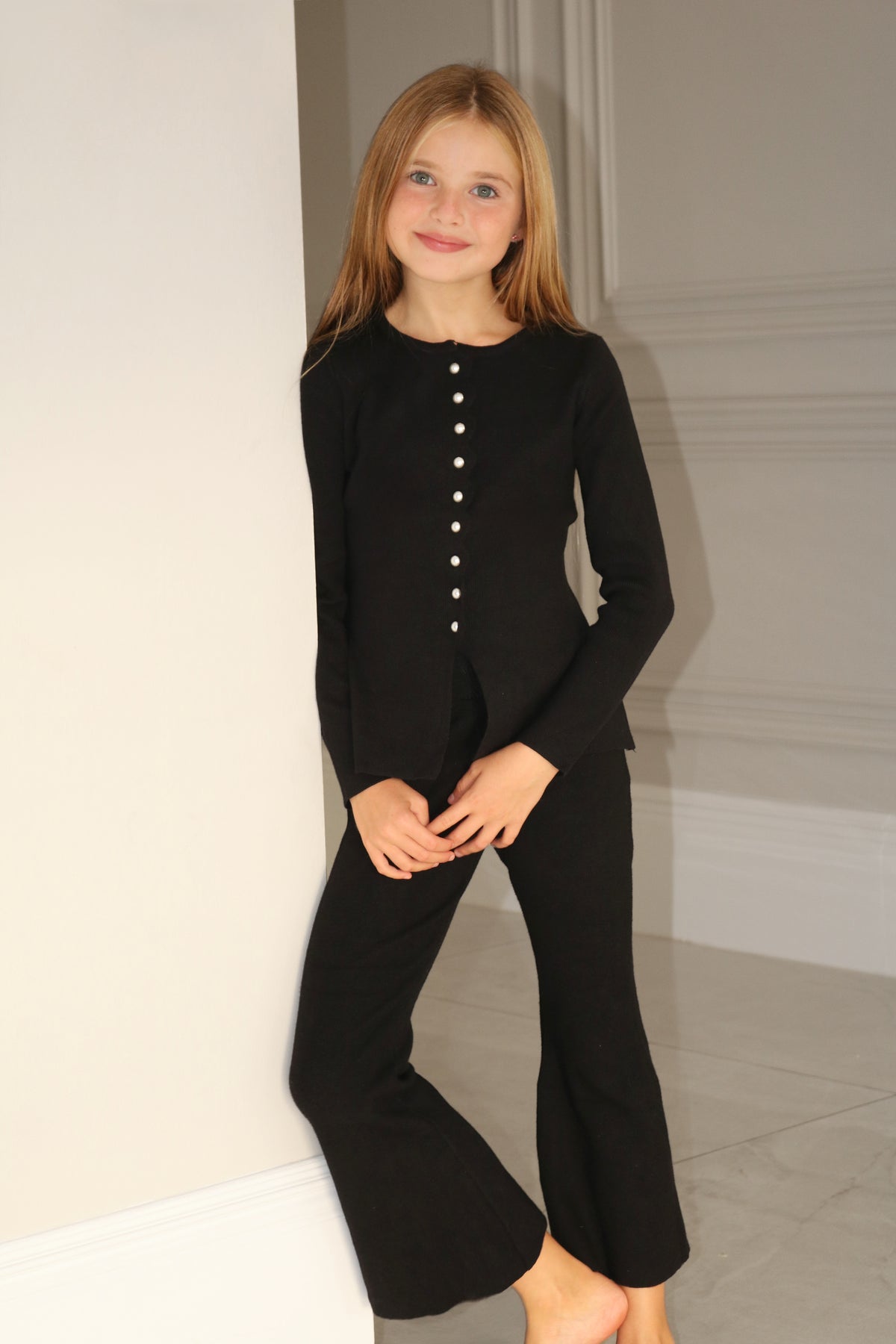 Knitted A-Line Pearl Cardigan And Knit Flares Lounge Set