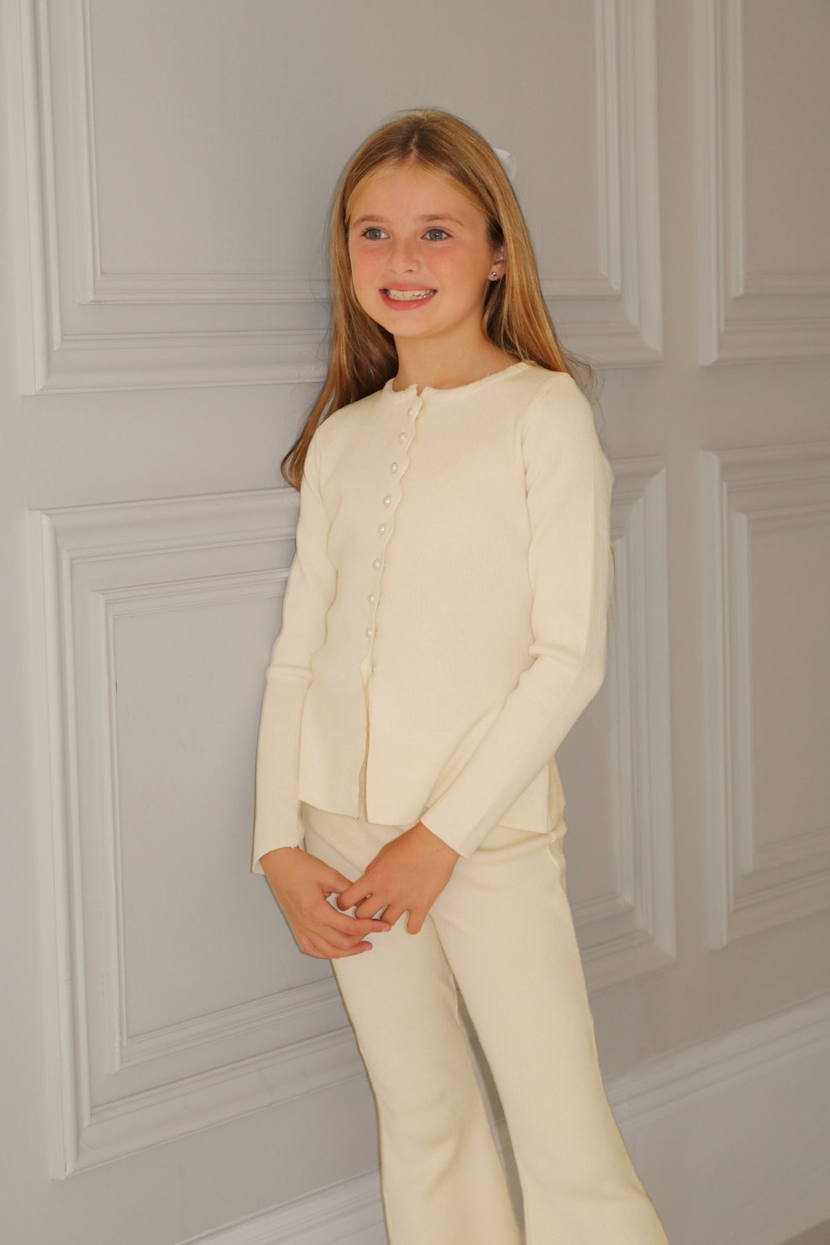 Knitted A-Line Pearl Cardigan And Knit Flares Lounge Set