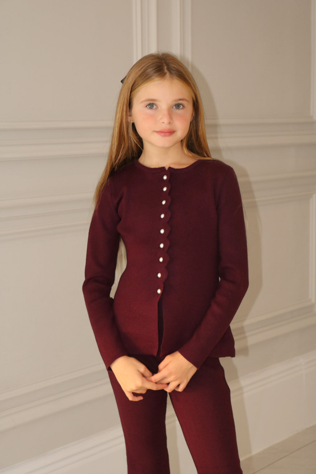 Knitted A-Line Pearl Cardigan And Knit Flares Lounge Set