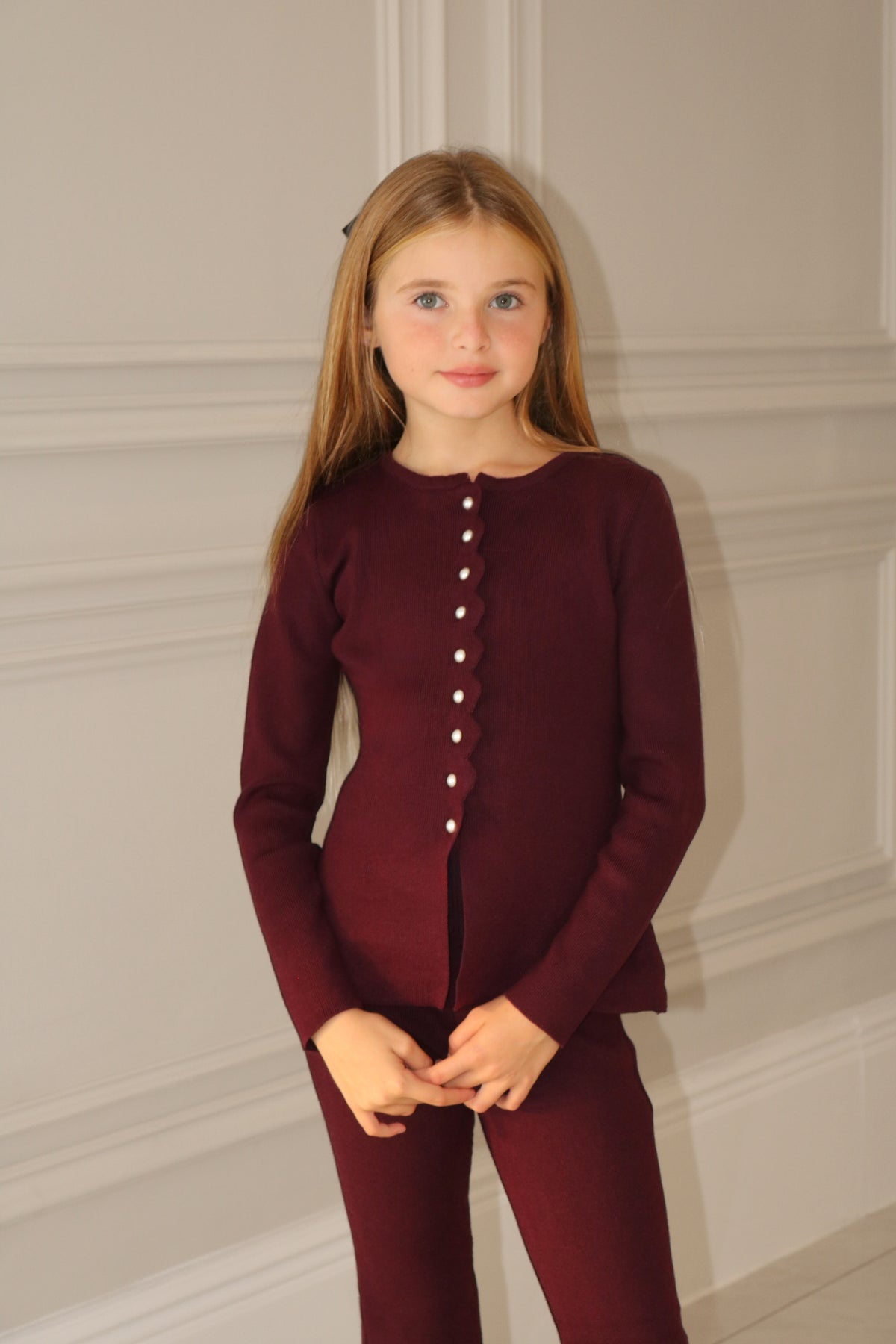 Knitted A-Line Pearl Cardigan And Knit Flares Lounge Set