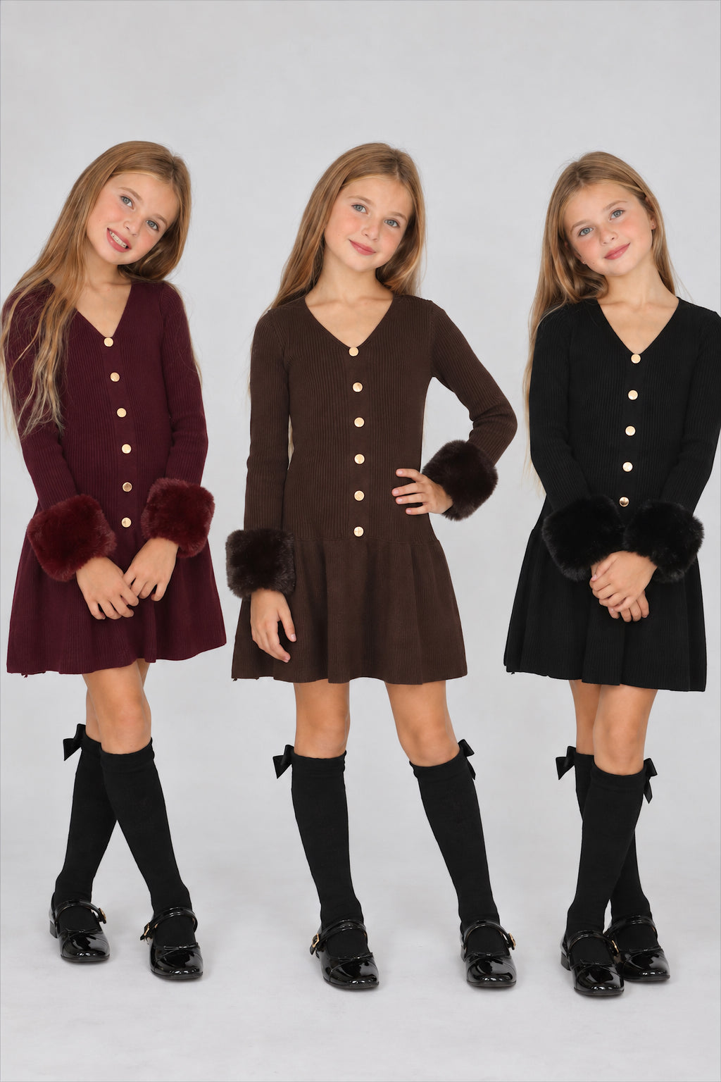 Knit A-Line Faux Fur Cuffed Dress