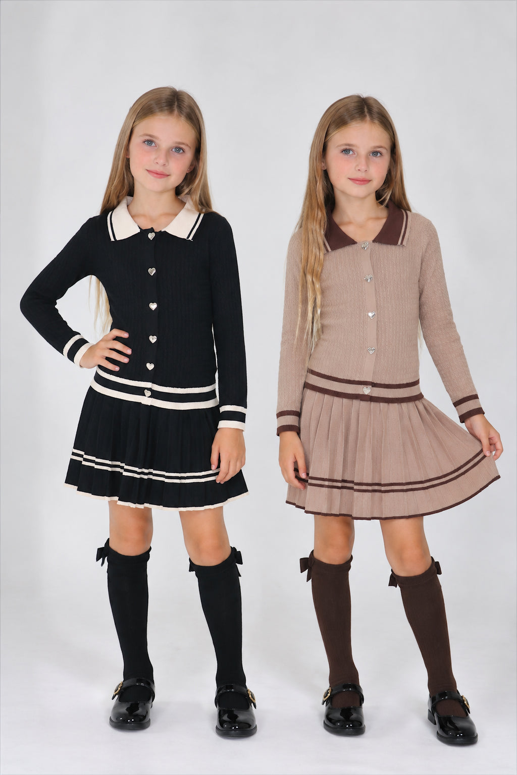 Knitted Co-Ord Hearted Cardigan And Pleated Skirt Set