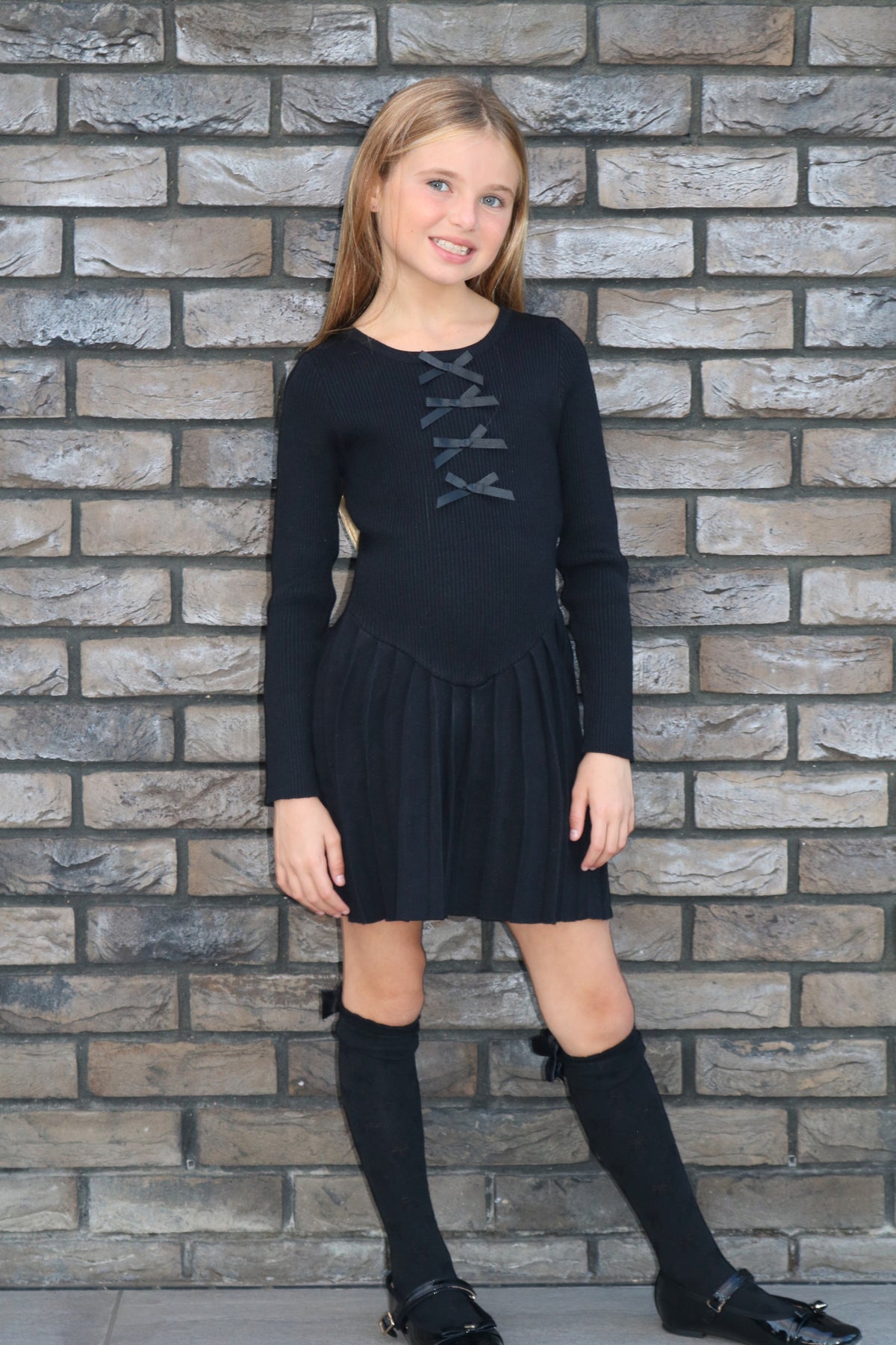 Ballerina Knitted Ribbed Pleated Dress With Bows
