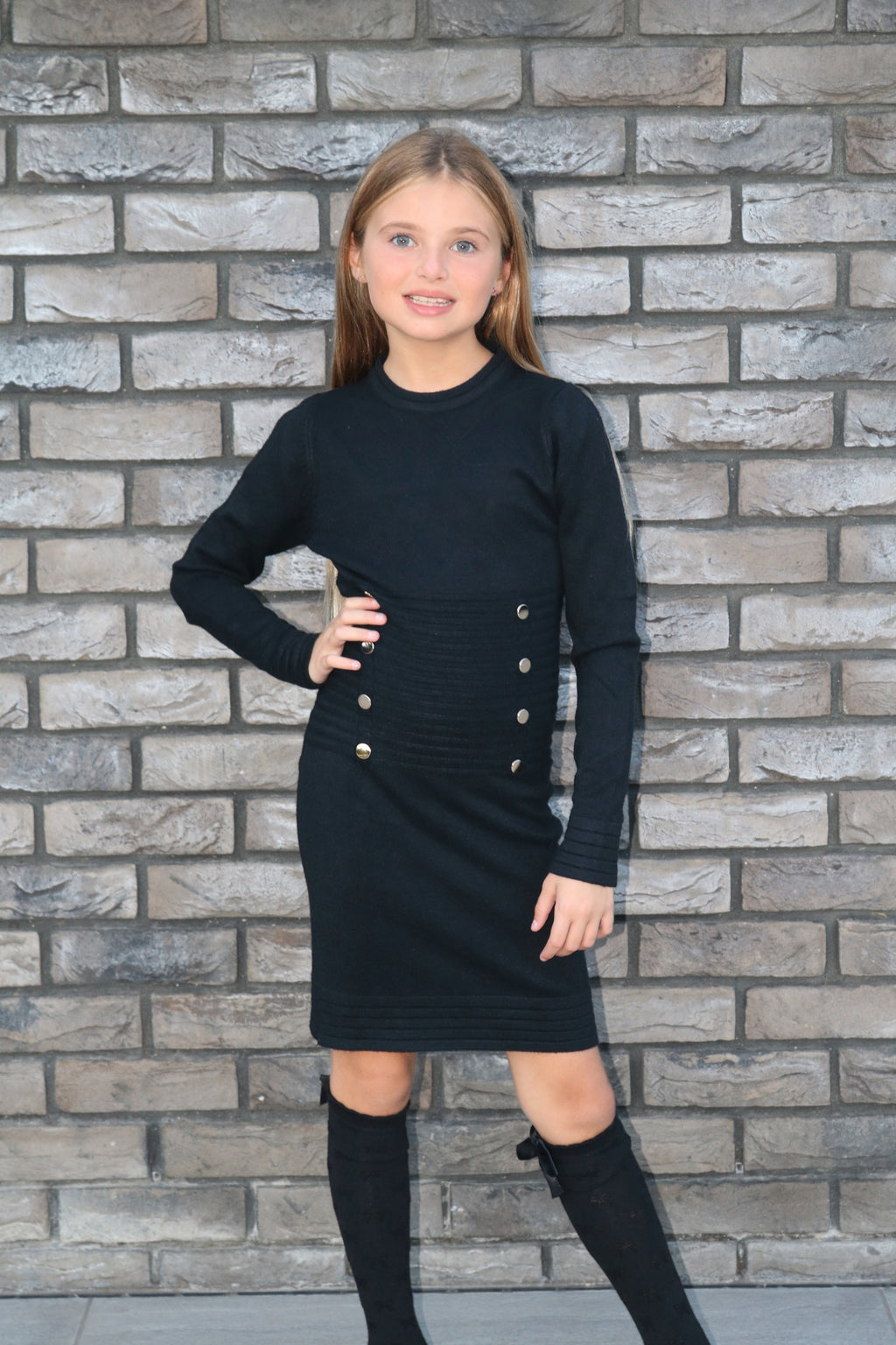 Button Detail Ribbed Knit Dress