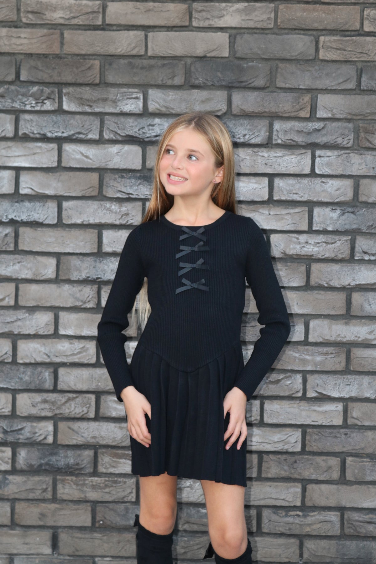 Ballerina Knitted Ribbed Pleated Dress With Bows
