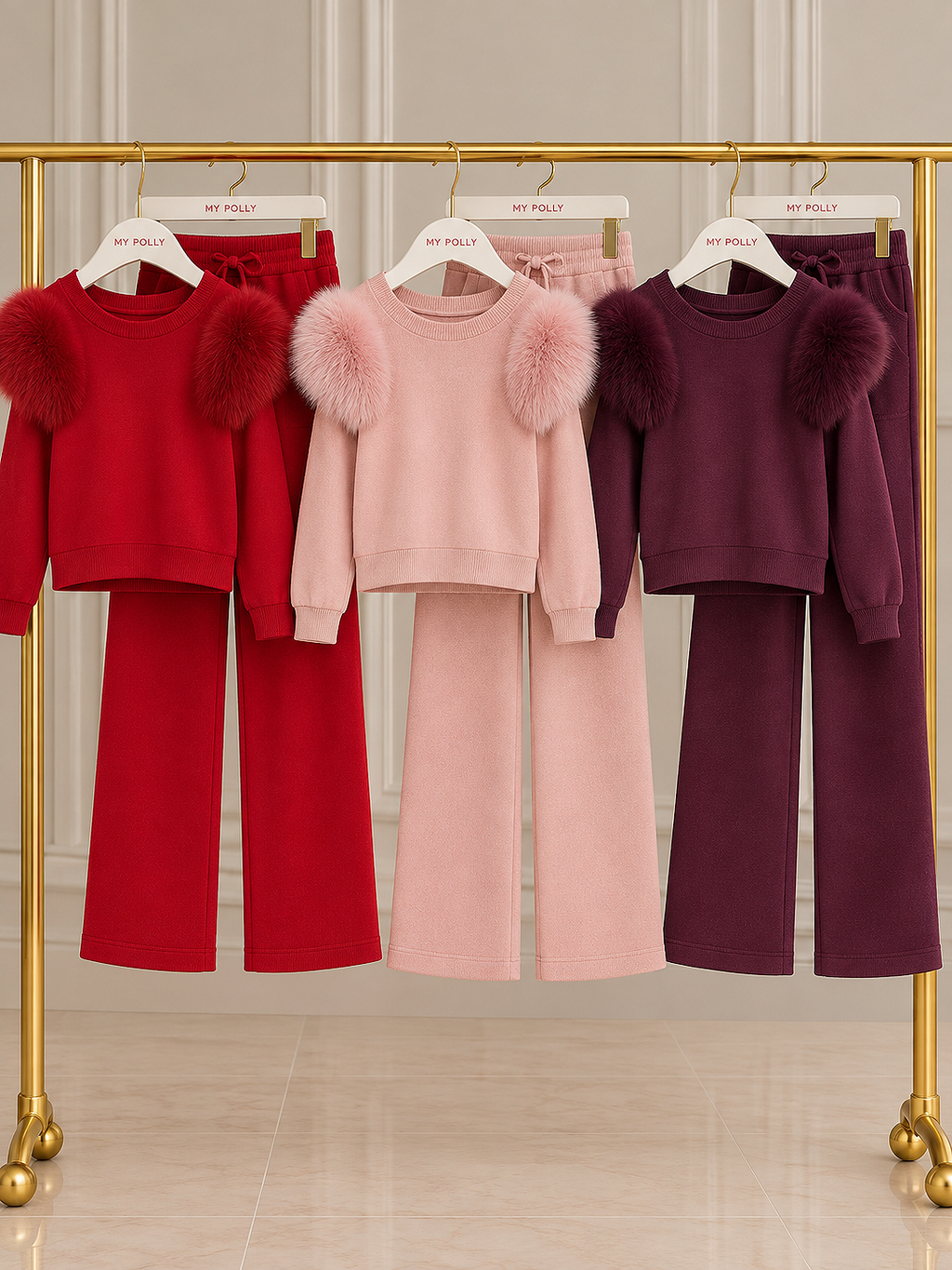 Premium Knit Loungewear Set With Faux Fur Shoulder Detail