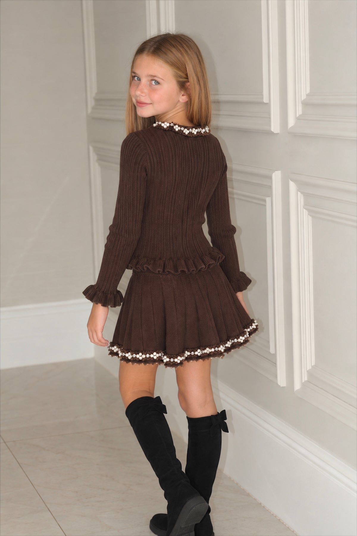 Knit Beaded Premium Cardigan And Skirt Set