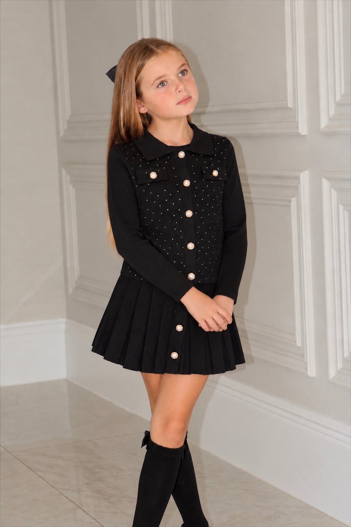 Premium Rhinestone & Pearl Knit Co-Ord Cardigan And Skirt