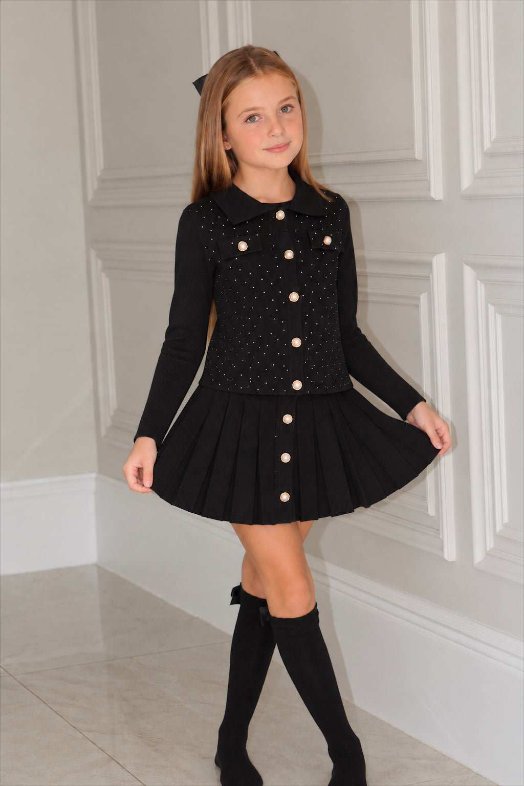 Premium Rhinestone & Pearl Knit Co-Ord Cardigan And Skirt