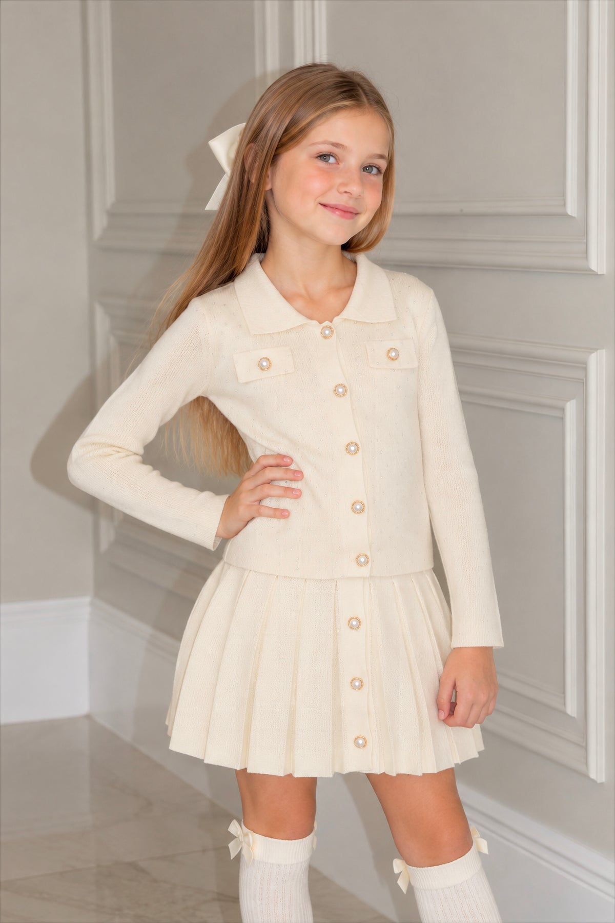 Premium Rhinestone & Pearl Knit Co-Ord Cardigan And Skirt