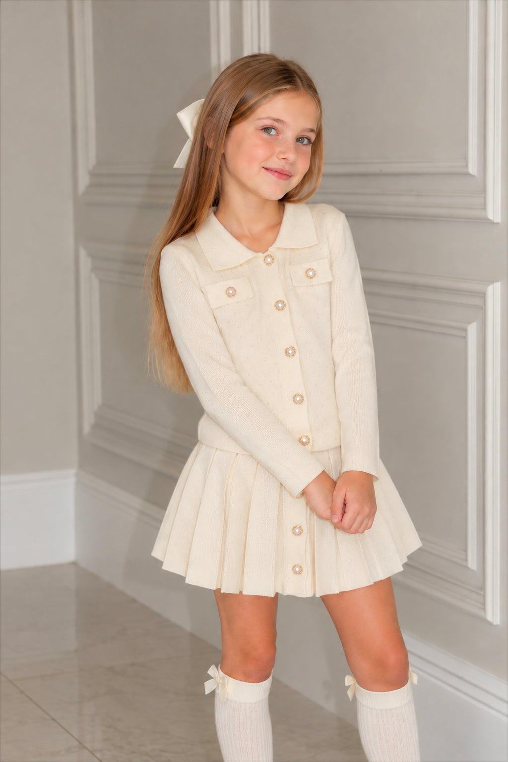 Premium Rhinestone & Pearl Knit Co-Ord Cardigan And Skirt