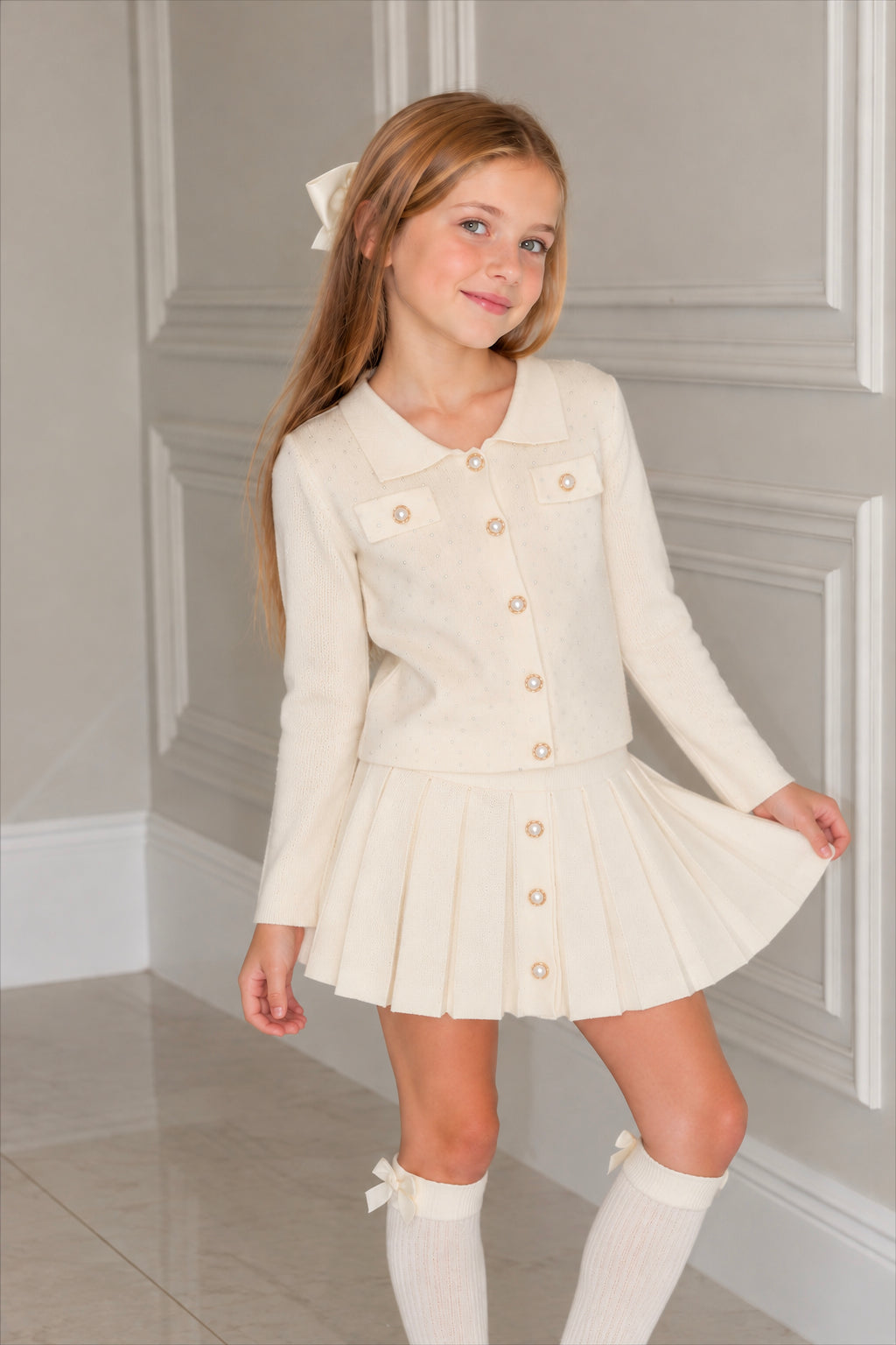 Premium Rhinestone & Pearl Knit Co-Ord Cardigan And Skirt