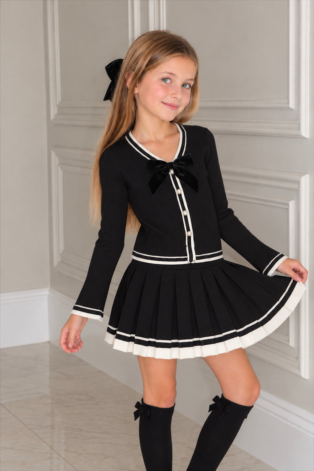 Black & White Bow Detail Co-Ord Cardigan & Skirt