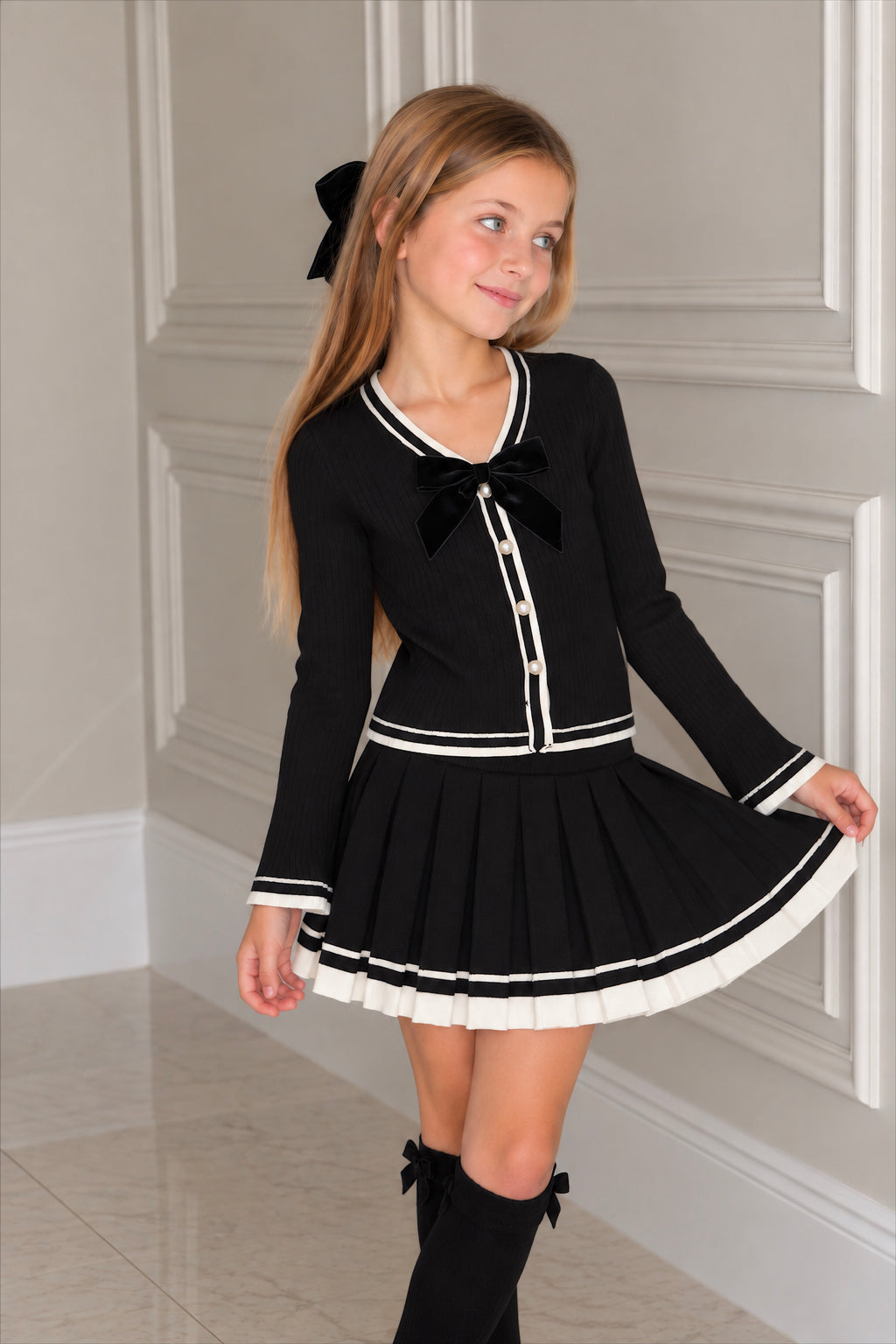 Black & White Bow Detail Co-Ord Cardigan & Skirt