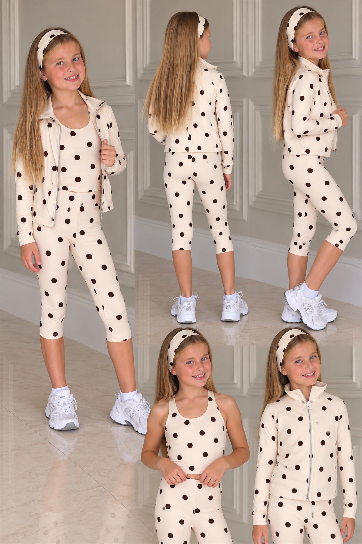 Polka Dot 4 Piece Active Fit Jacket, Sculpt Vest Top, Capri Leggings & Headband