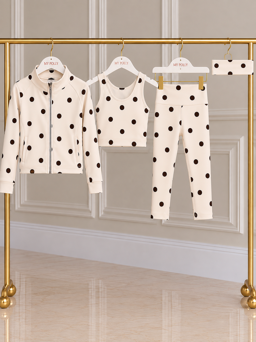 Polka Dot 4 Piece Active Fit Jacket, Sculpt Vest Top, Capri Leggings & Headband