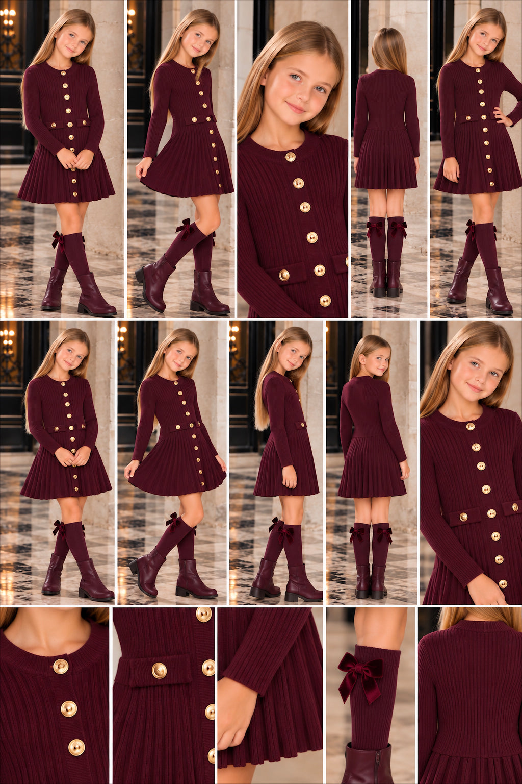 Wine Knit Dress With Gold Button Detailing