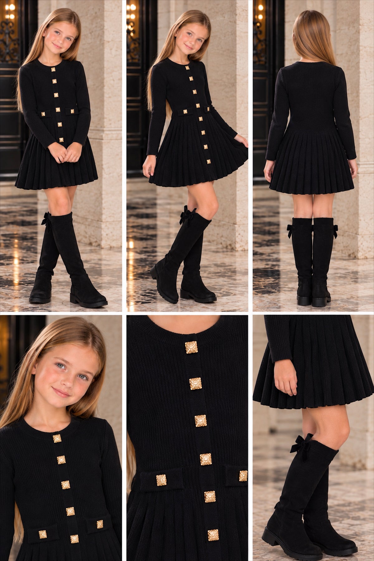 Black Knit Pleated Dress With Gold Button Detailing